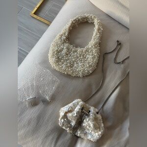 Pearl-Embellished Cream Handbag, Sequin Purse & Pearl Birdcage Veil